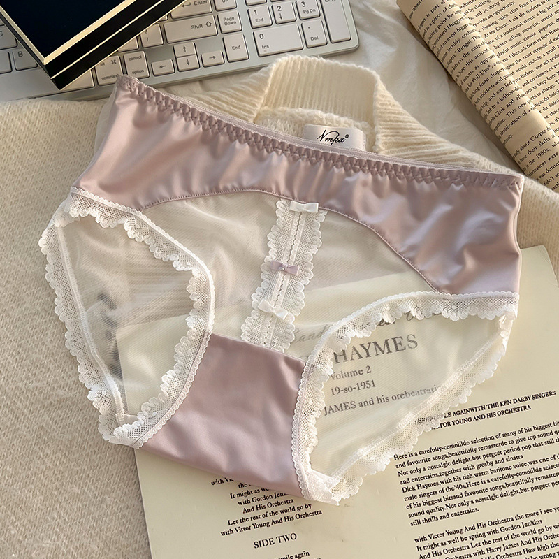 【3件裝】薄透網紗！法式珠光緞面蕾絲內褲