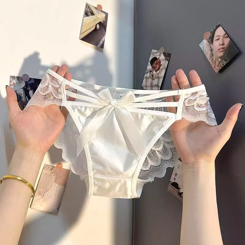 天使之翼性感蕾絲緞面棉襠內褲女純欲蝴蝶結提臀透氣夏季鏤空低腰