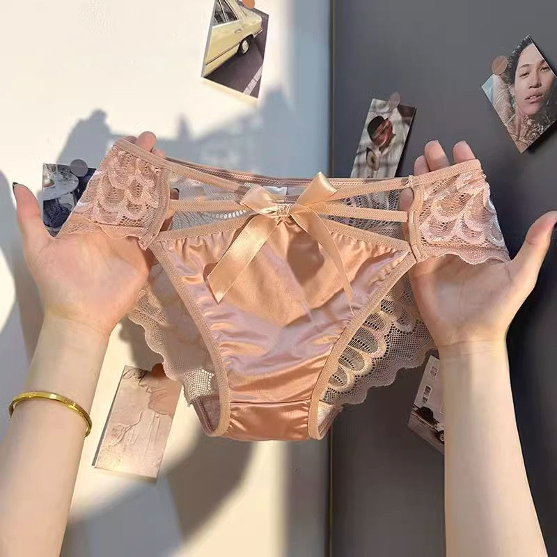 天使之翼性感蕾絲緞面棉襠內褲女純欲蝴蝶結提臀透氣夏季鏤空低腰