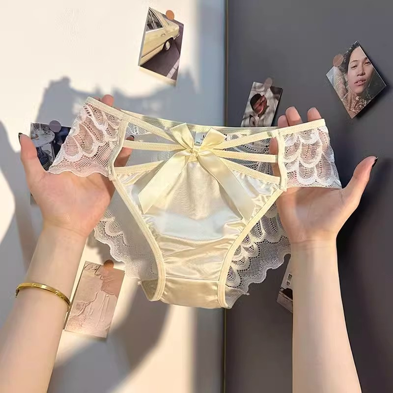 天使之翼性感蕾絲緞面棉襠內褲女純欲蝴蝶結提臀透氣夏季鏤空低腰