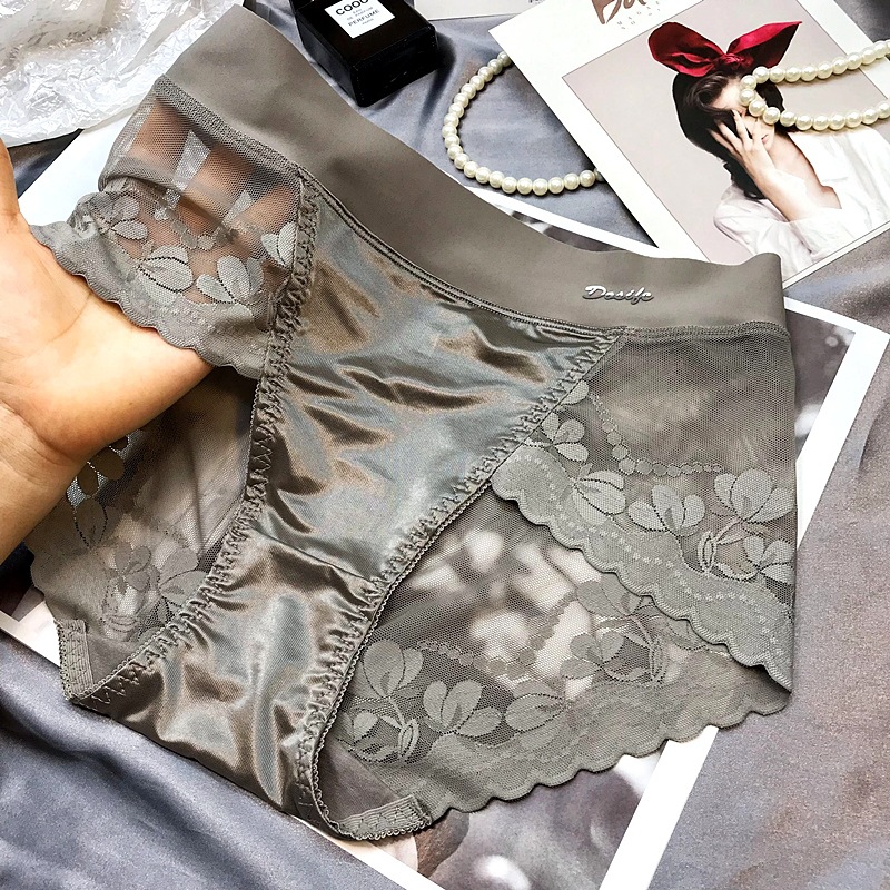 高階緞面輕奢蕾絲大碼高腰收腹內褲女士提臀透氣網紗純棉襠三角褲