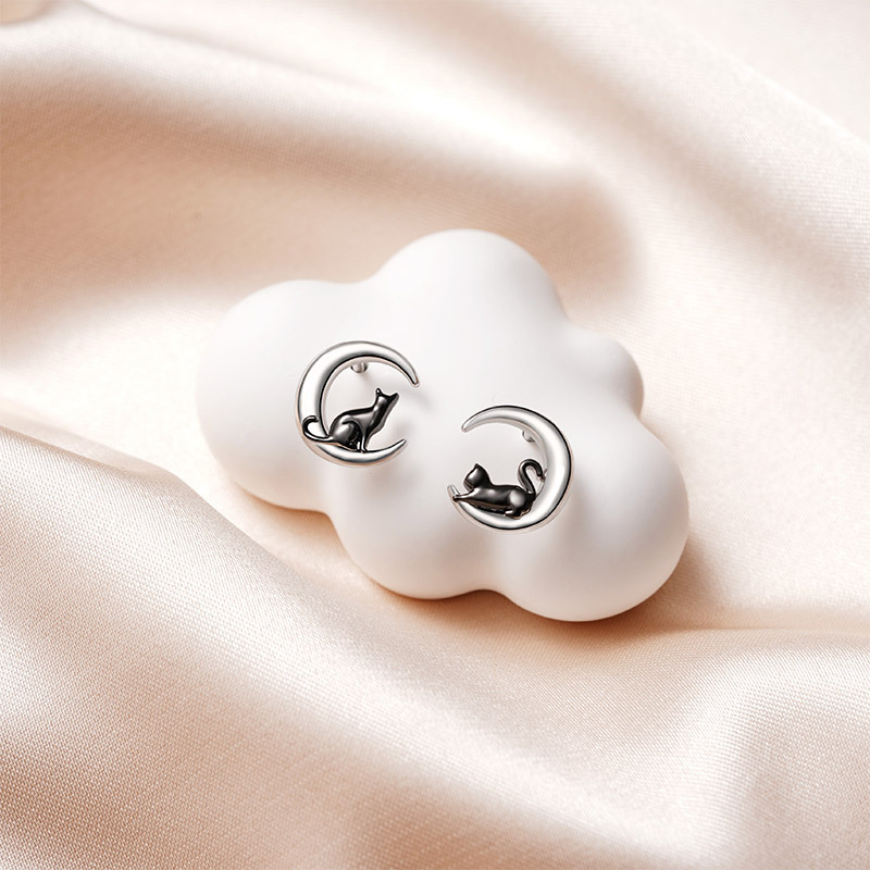 Cat Moon Stud Earrings image number 1