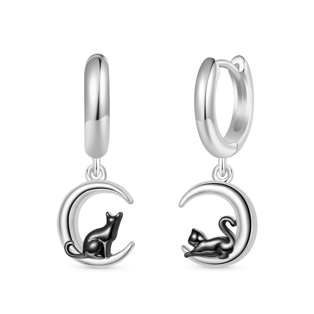 Black Cat Moon Hoop Earrings image number 1