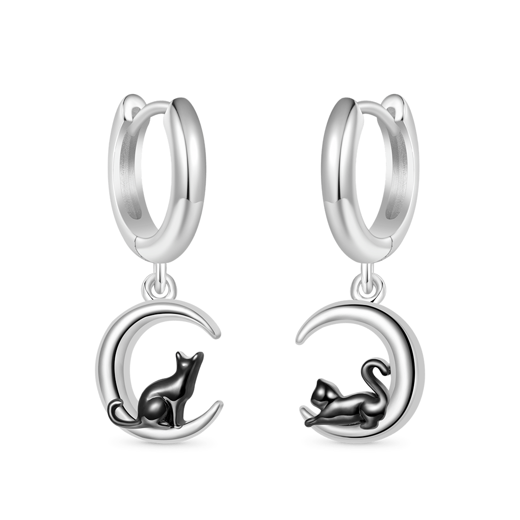 Black Cat Moon Hoop Earrings image number 0