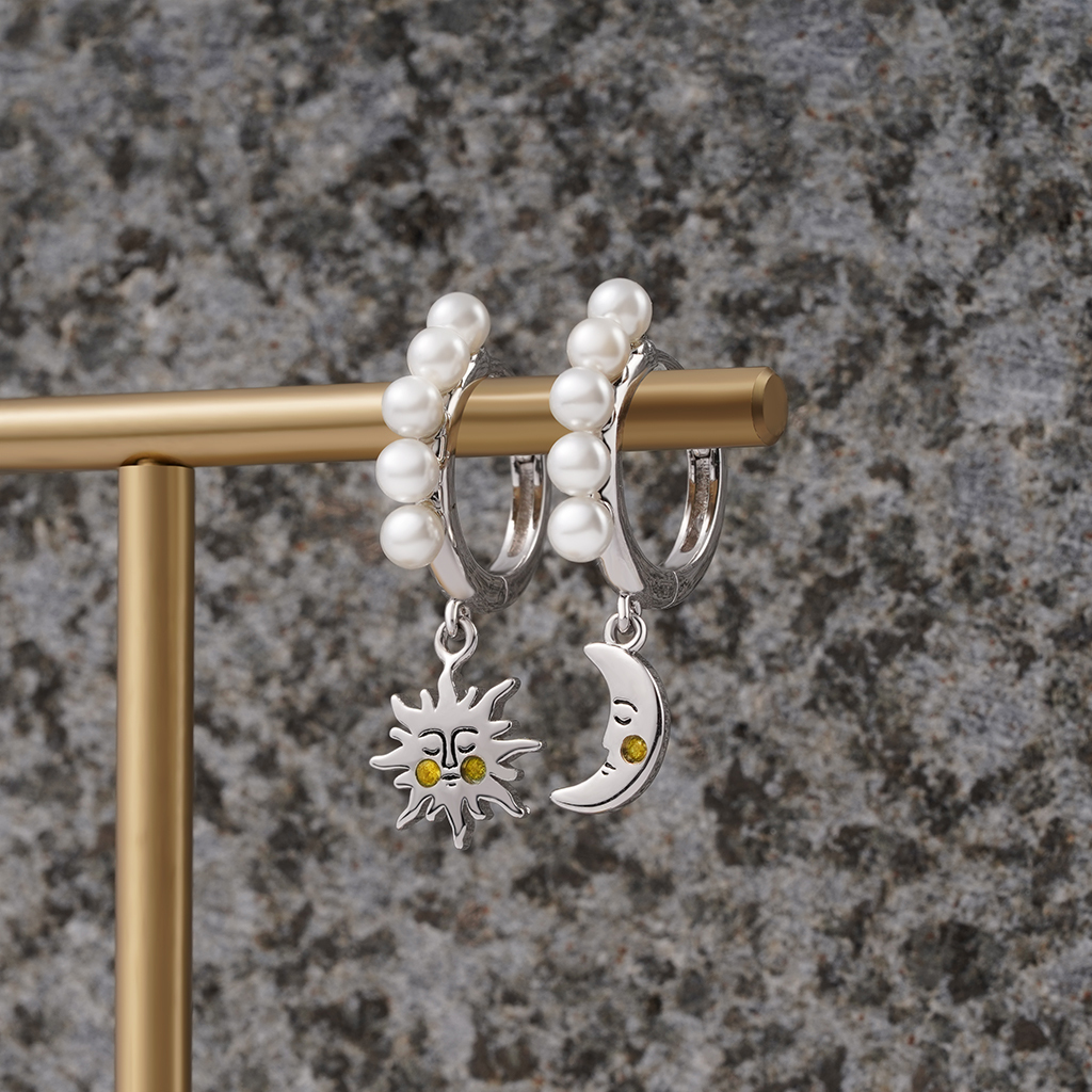Sun & Moon Face Pearl Hoop Earrings image number 2