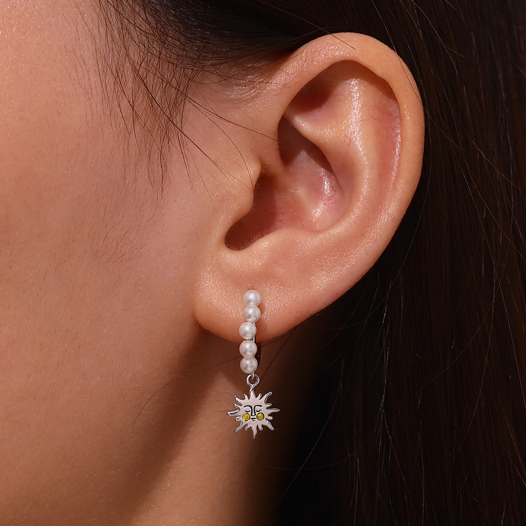 Sun & Moon Face Pearl Hoop Earrings image number 3