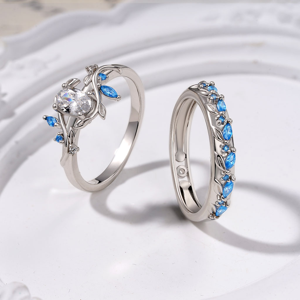 Oval-cut Diamond Vine Leaf Couple Rings image number 2