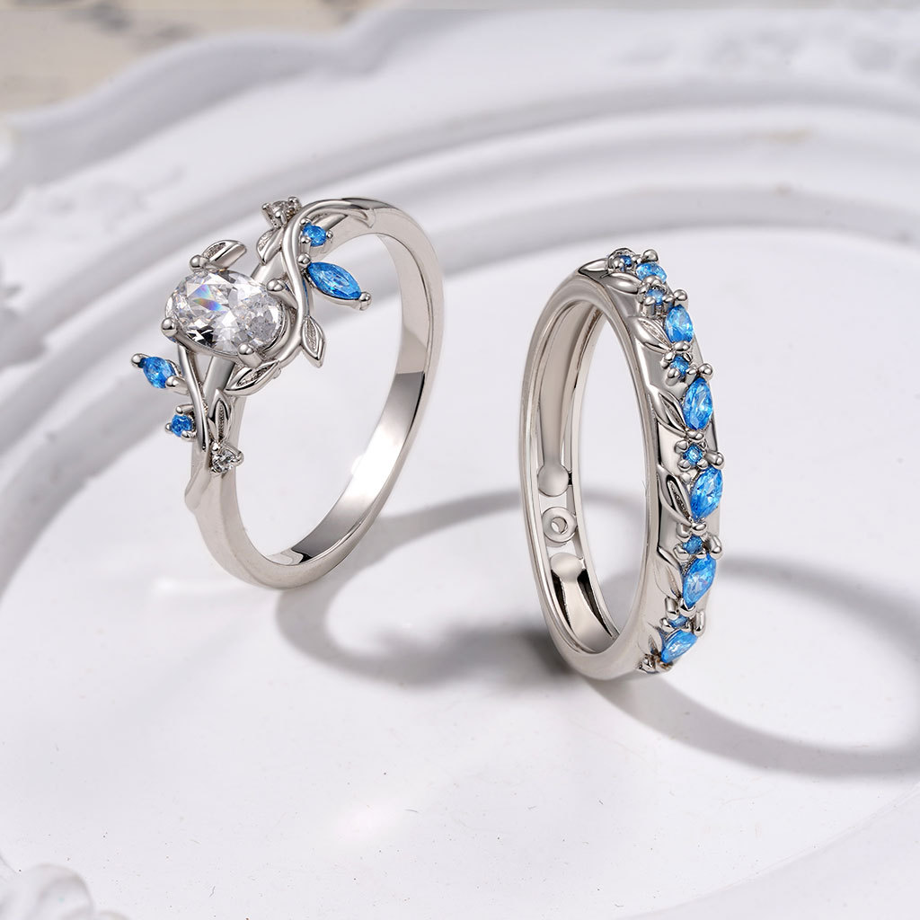 Oval-cut Diamond Vine Leaf Couple Rings image number 2