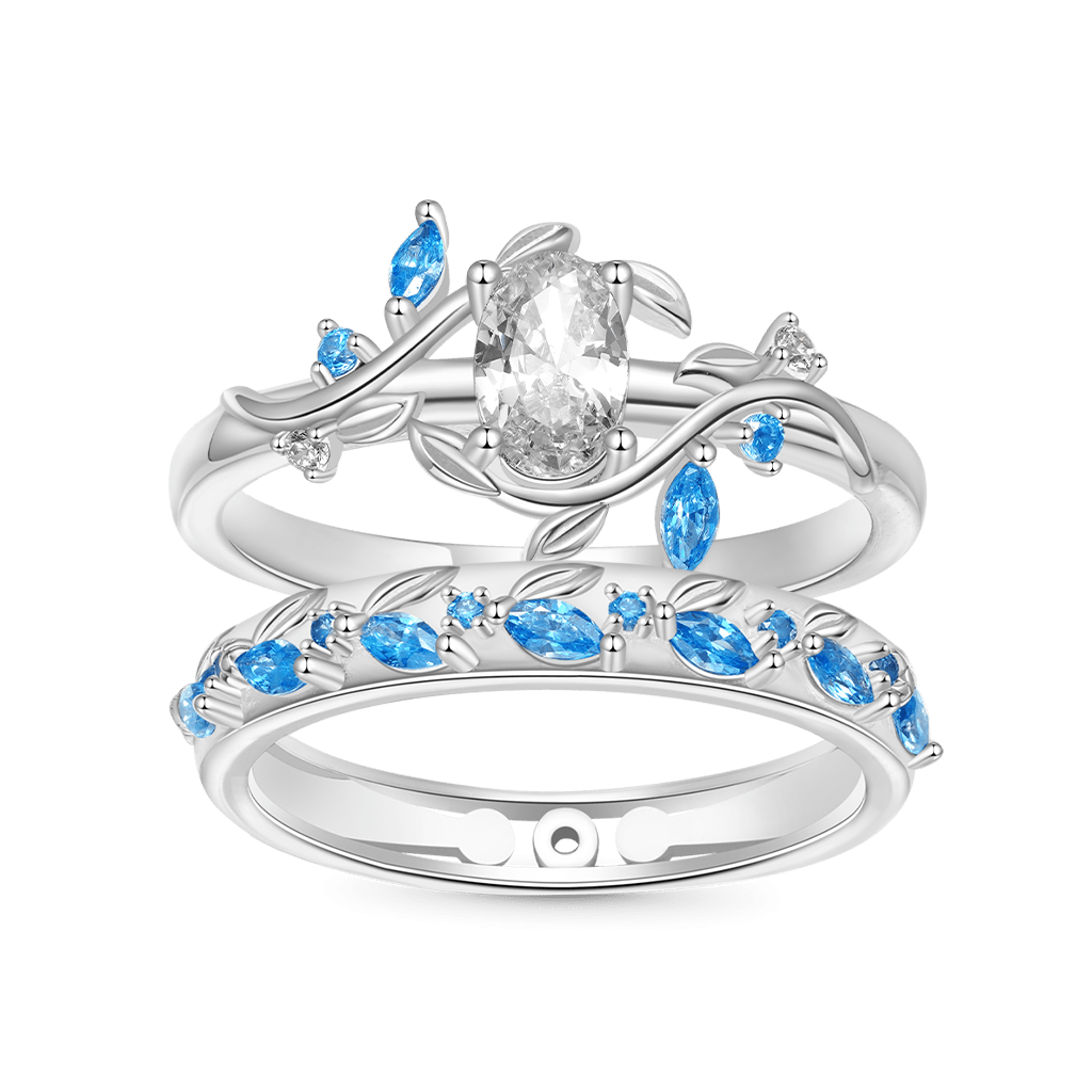 Oval-cut Diamond Vine Leaf Couple Rings image number 0