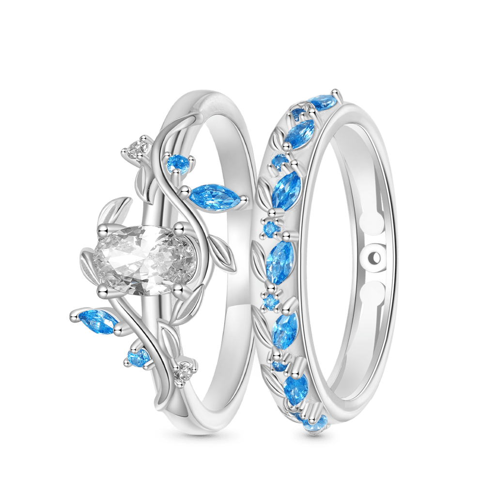 Oval-cut Diamond Vine Leaf Couple Rings image number 1