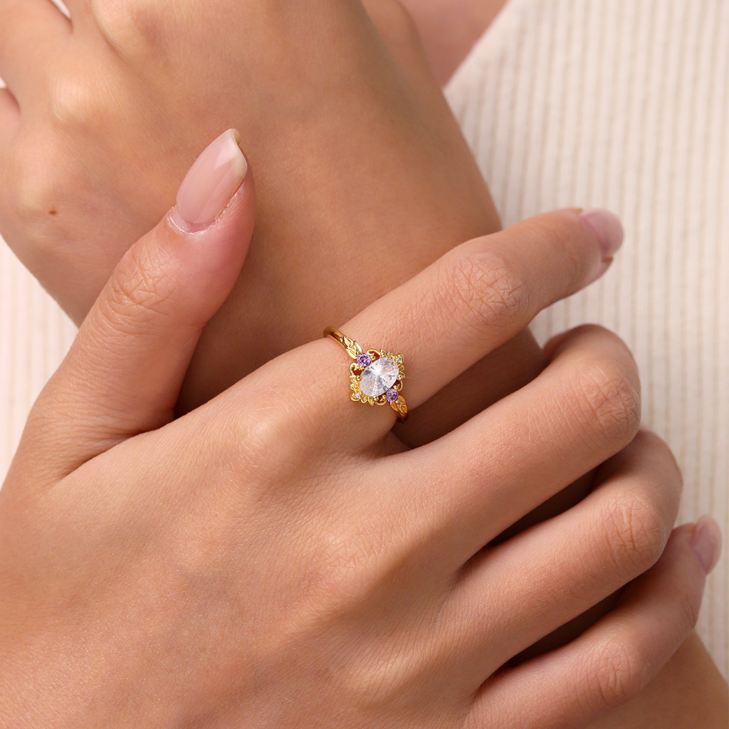 Oval-Cut Gold Leaf Promise Ring image number 3