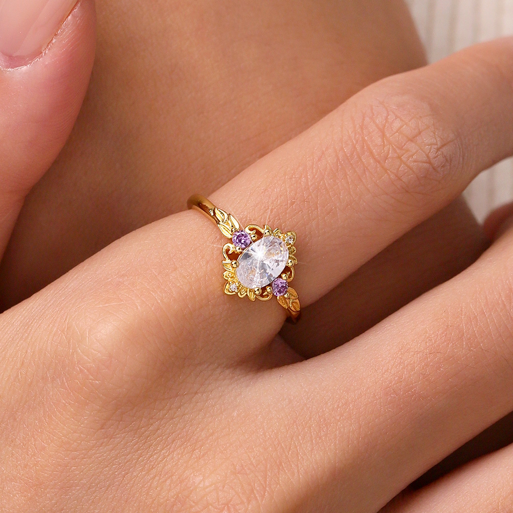 Oval-Cut Gold Leaf Promise Ring image number 4