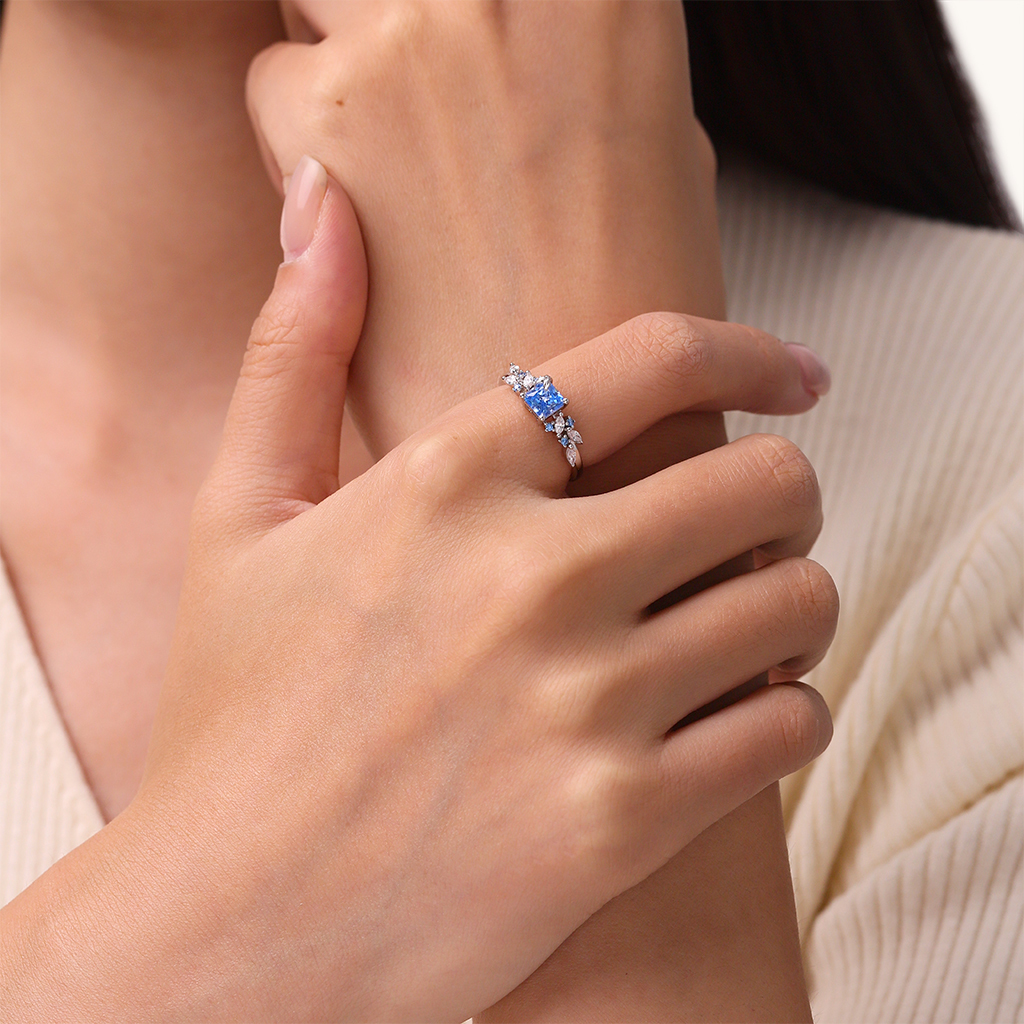 Aquamarine Square Cut Leafs Ring image number 3