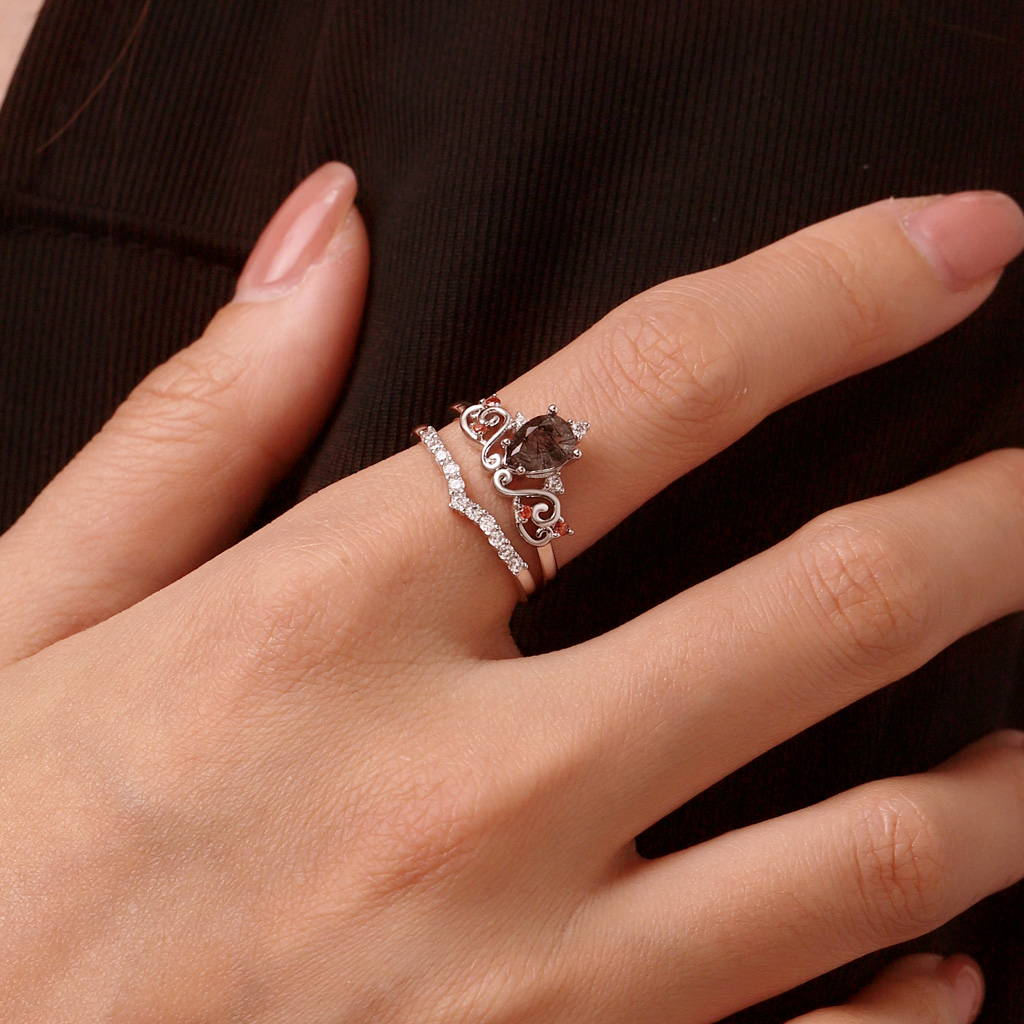 Pear Black Rutilated Quartz Rings image number 6
