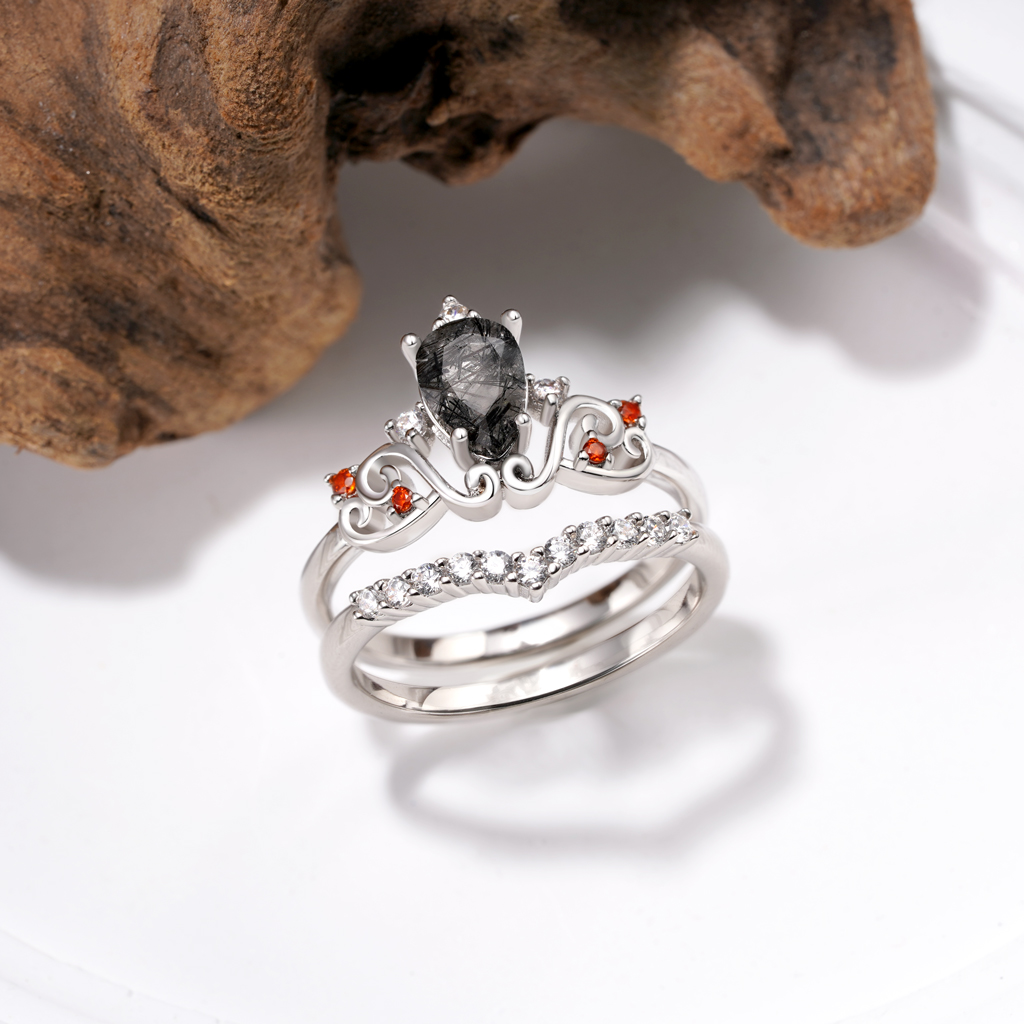 Pear Black Rutilated Quartz Rings image number 4