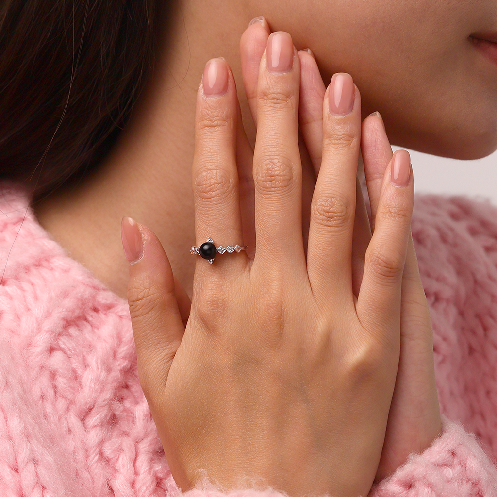 Dark Black Pearl Diamond Ring image number 3