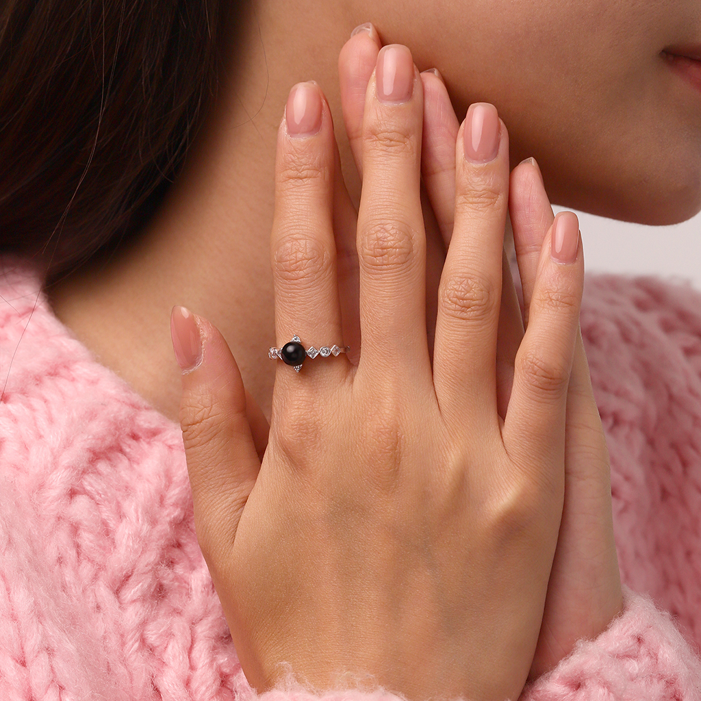 Dark Black Pearl Diamond Ring image number 3
