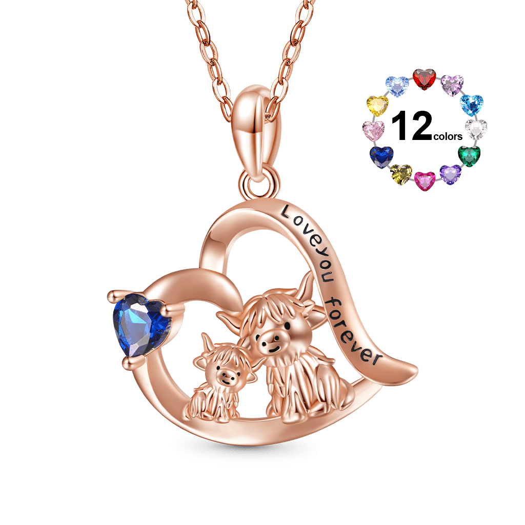 Highland Cow Heart Birthstone Necklace image number 0