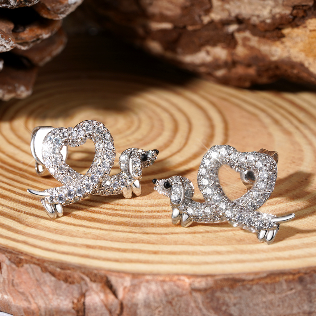 Dachshund Heart Diamond Stud Earrings image number 2