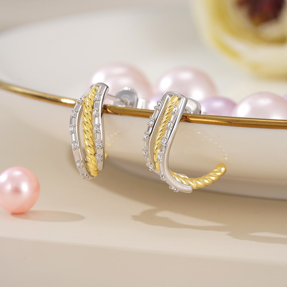 Twisted Paved C-hoop Stud Earrings image number 2