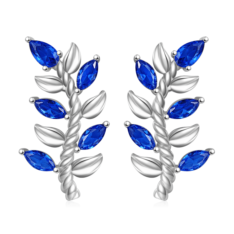 Leaf & Stem Blue Gems Stud Earrings image number 0