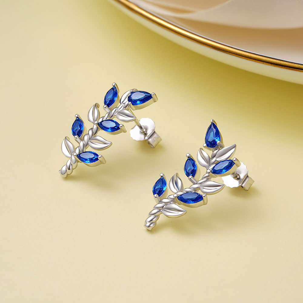 Leaf & Stem Blue Gems Stud Earrings image number 2
