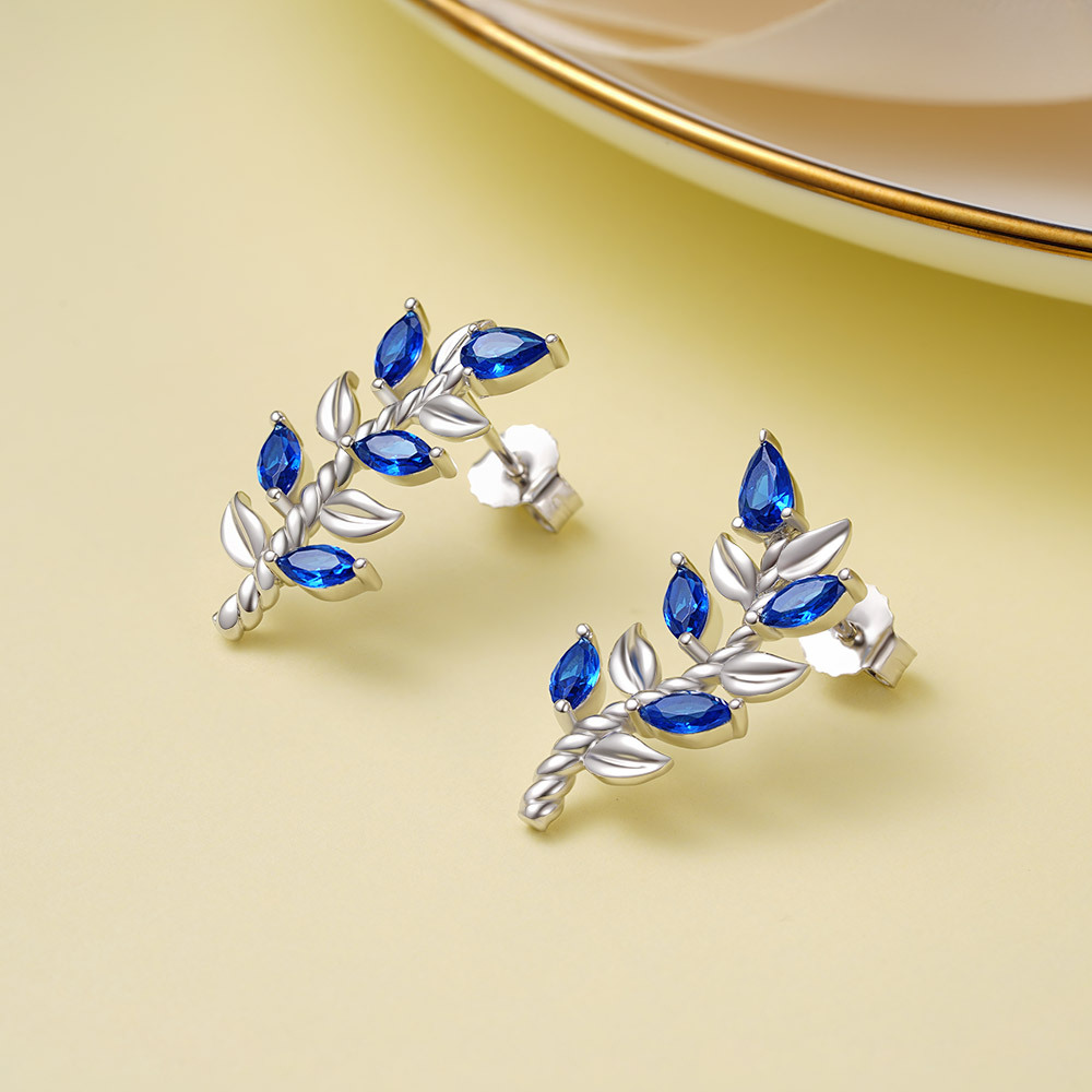 Leaf & Stem Blue Gems Stud Earrings image number 2