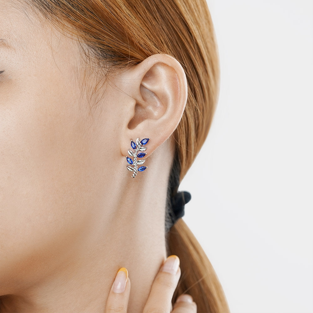 Leaf & Stem Blue Gems Stud Earrings image number 3