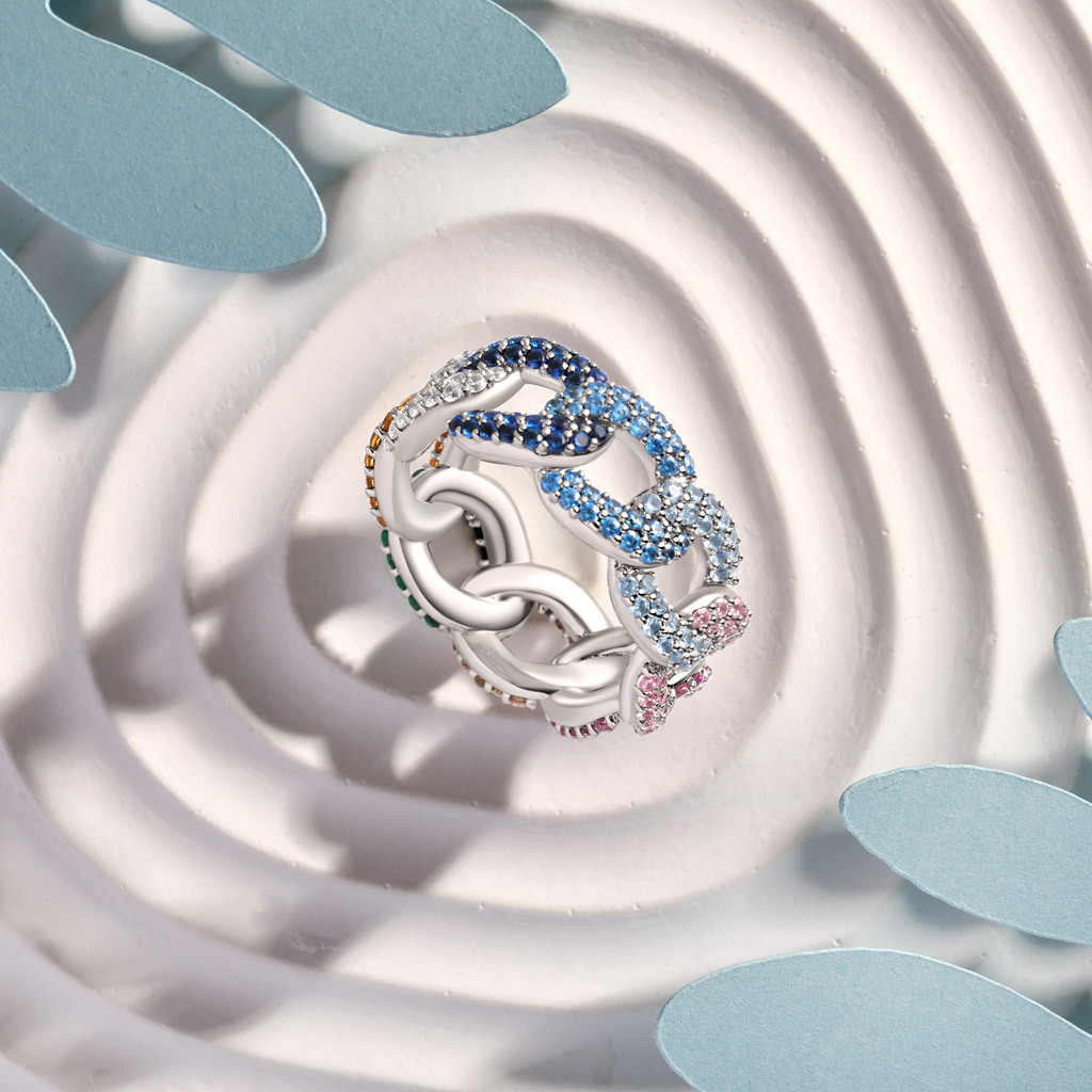 Rainbow Pavé Cuban Link Ring image number 2