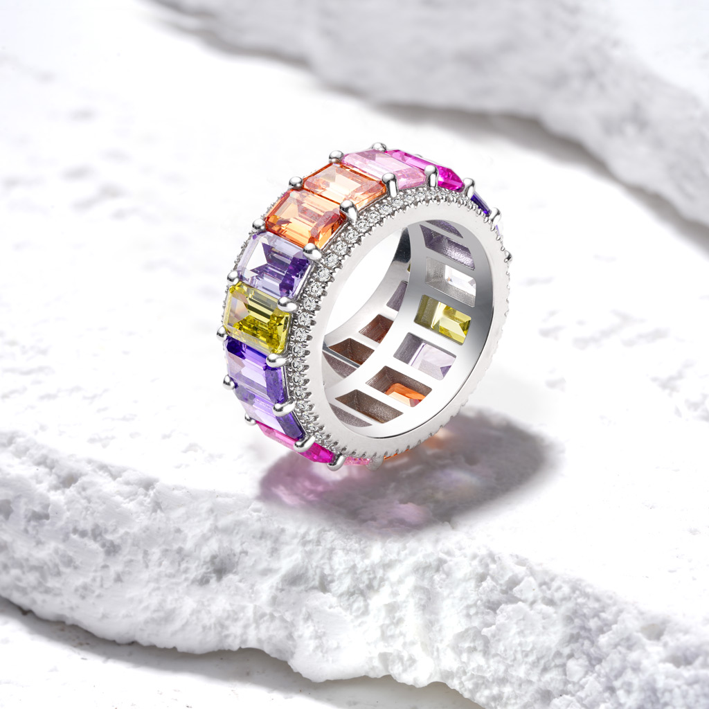 Baguette Cut Rainbow Band Ring image number 3