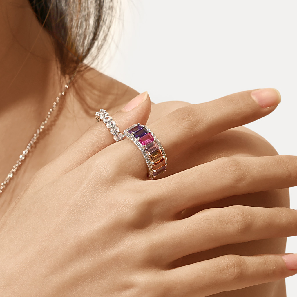 Baguette Cut Rainbow Band Ring image number 5