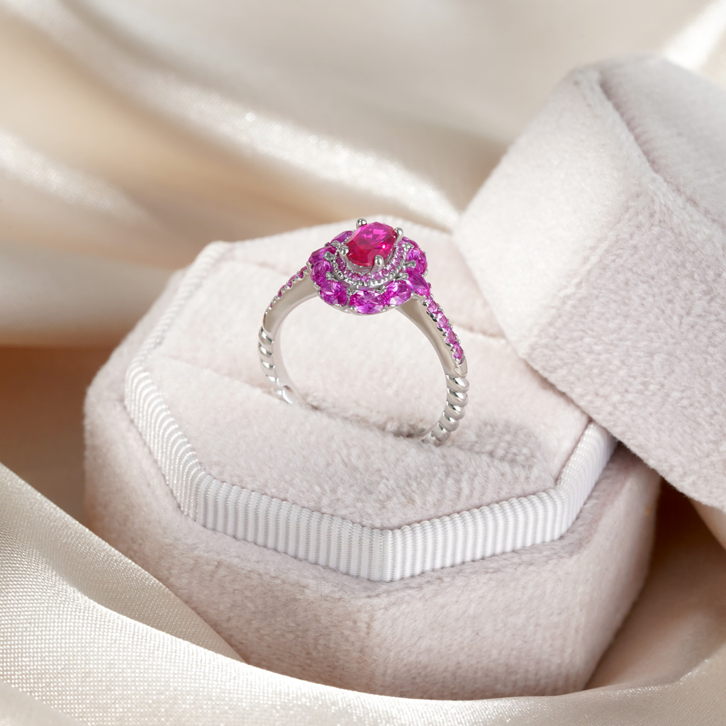 Oval Fuchsia Double Halo Ring image number 4