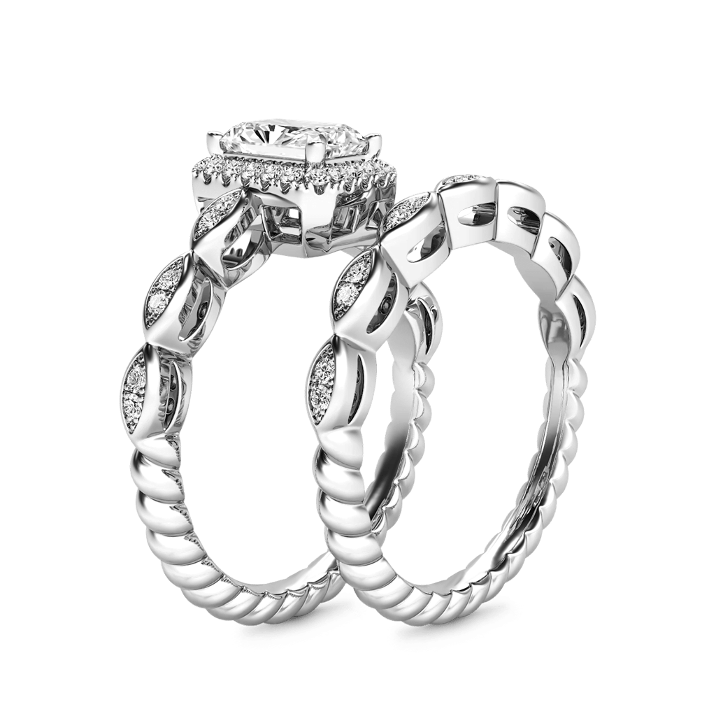 Vintage Emerald Cut Halo Ring Set image number 1