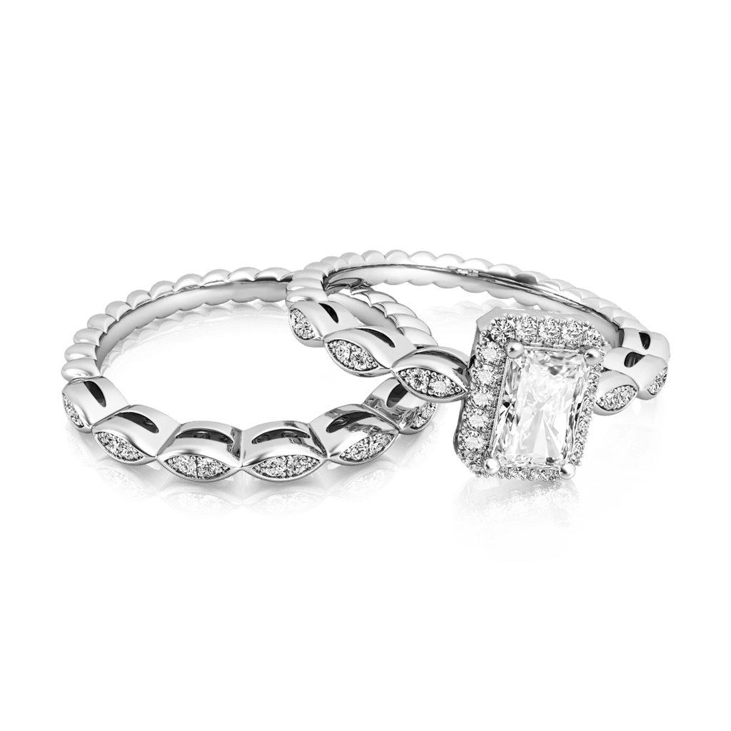 Vintage Emerald Cut Halo Ring Set image number 3