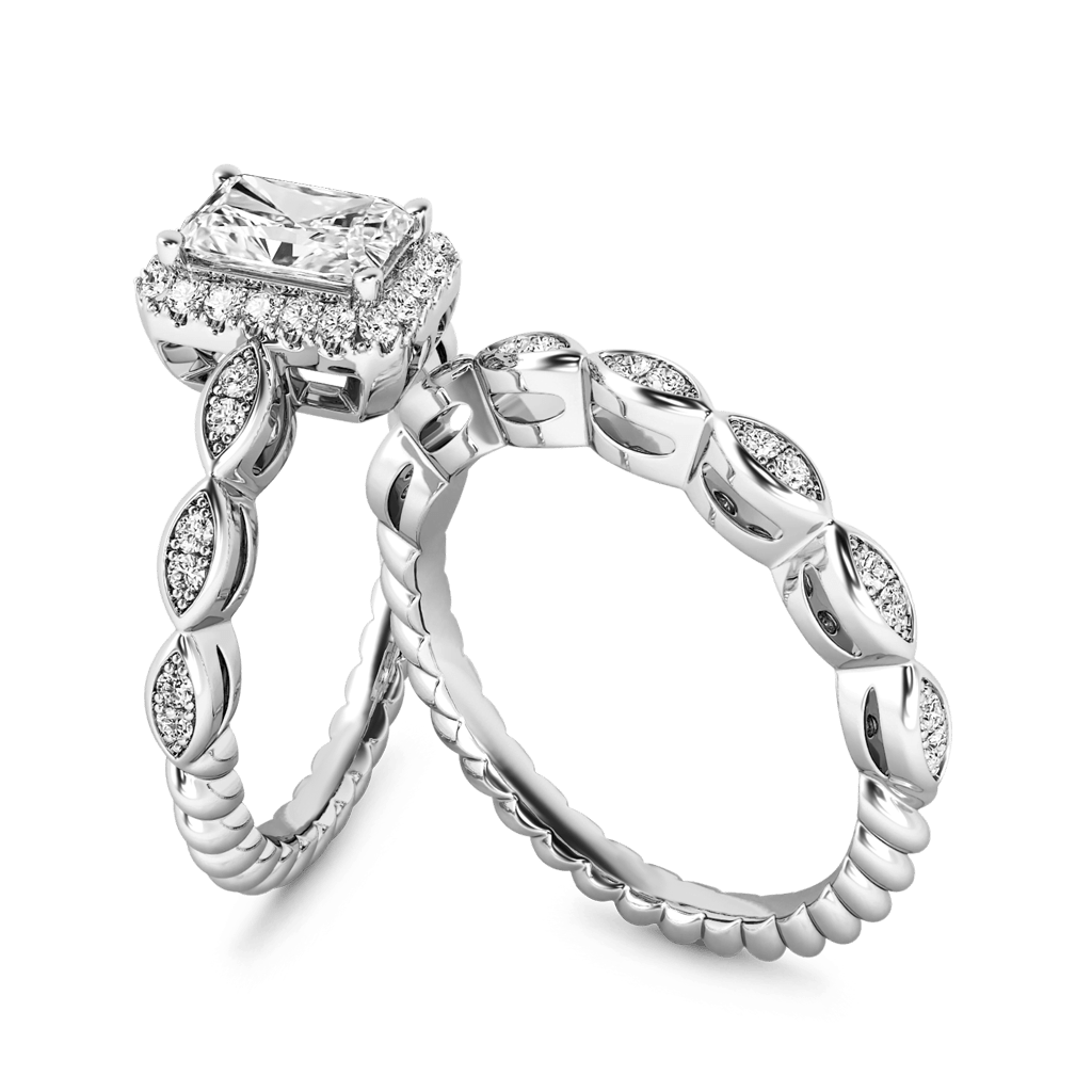 Vintage Emerald Cut Halo Ring Set image number 2