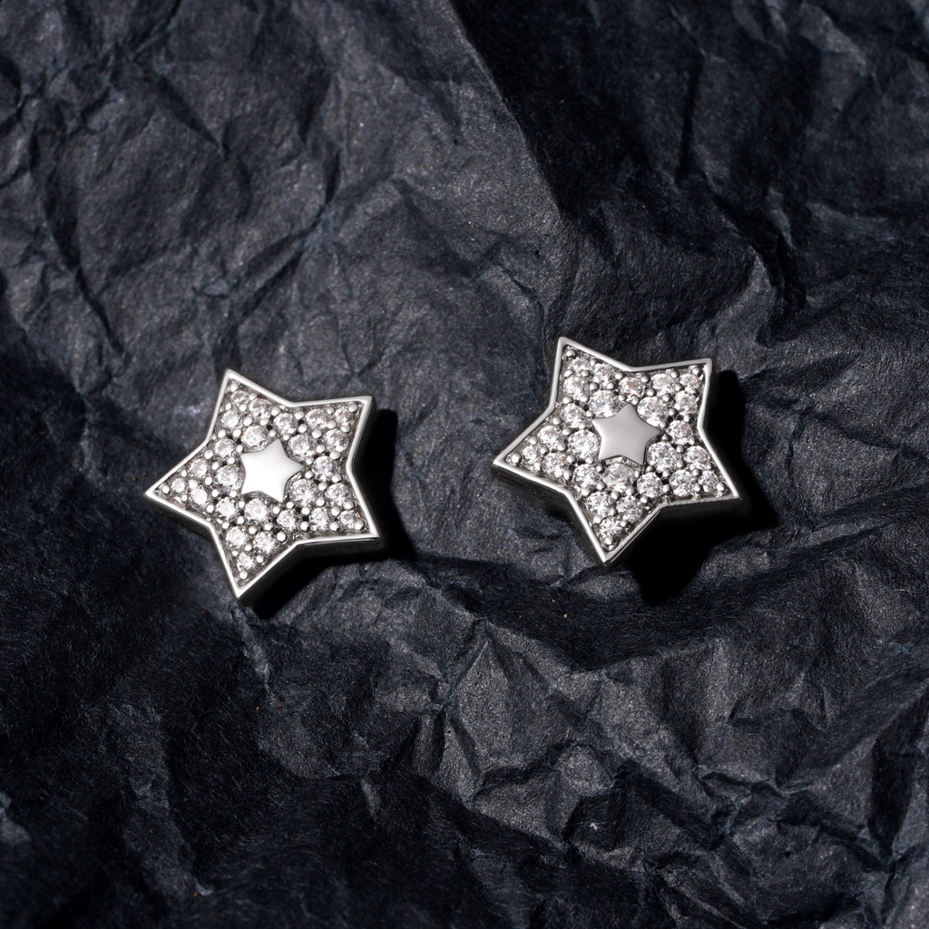 White Topaz Pave Star Stud Earrings image number 2