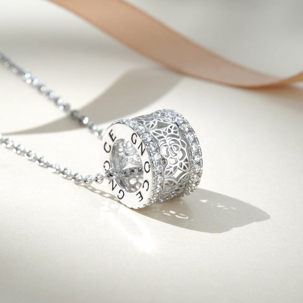 Rose Flower Drum Pendant Necklace image number 2