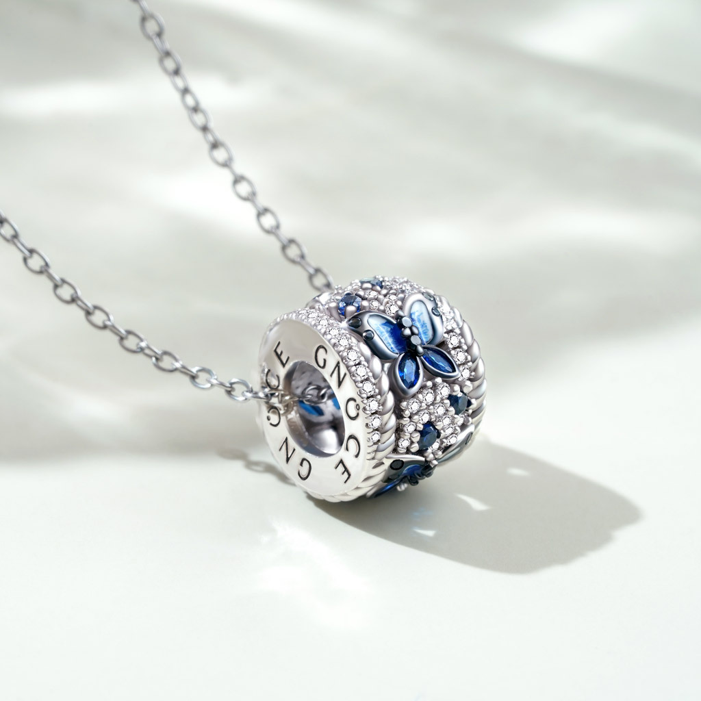 Blue Butterfly Drum Pendant Necklace image number 2