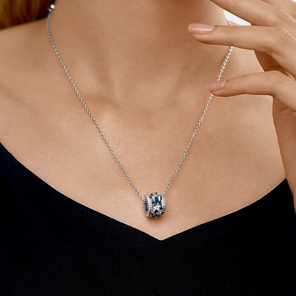 Blue Butterfly Drum Pendant Necklace image number 3