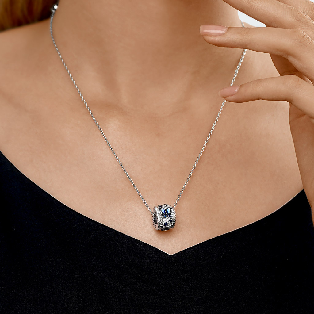 Blue Butterfly Drum Pendant Necklace image number 3