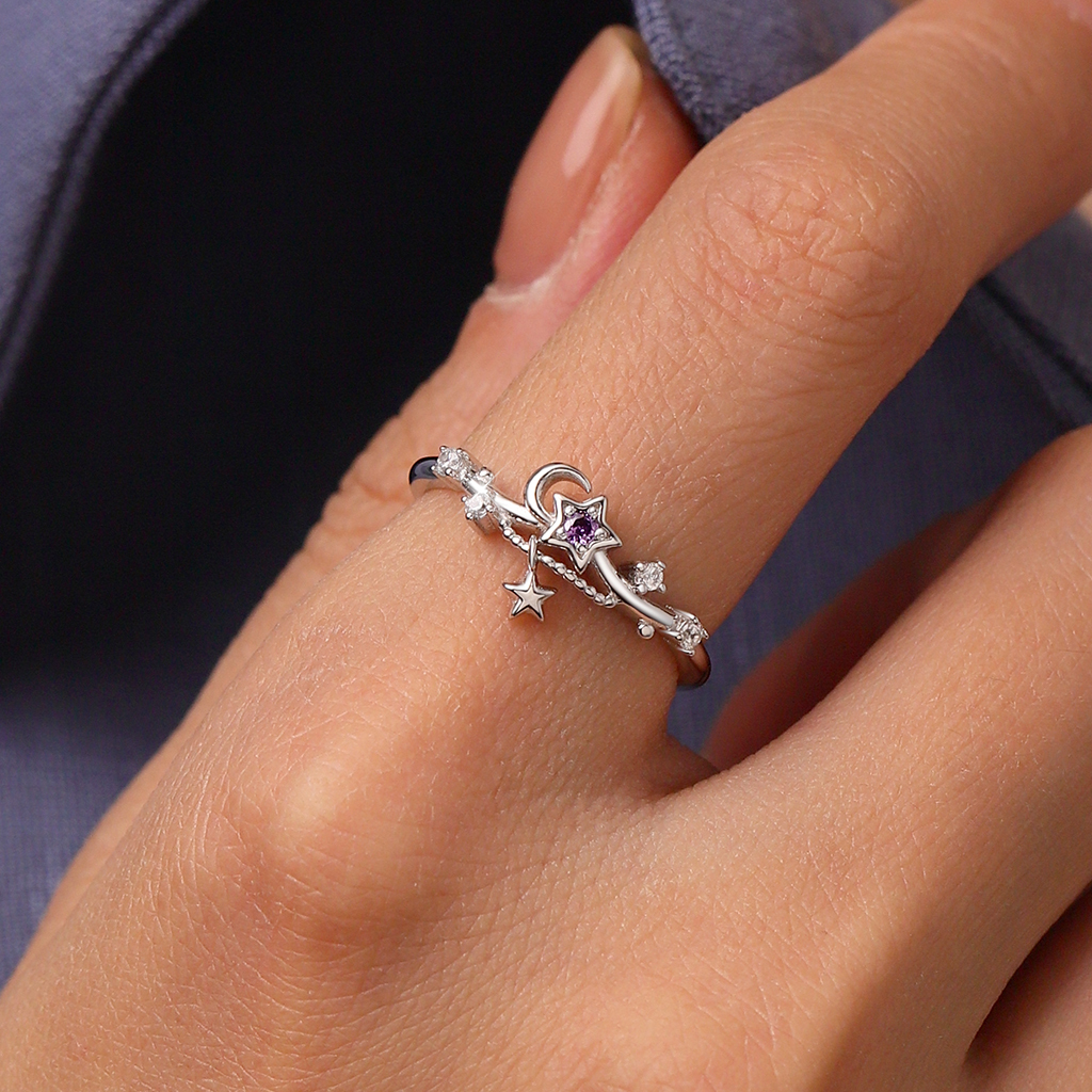 Starry Blue Sparkling Moon Ring image number 4