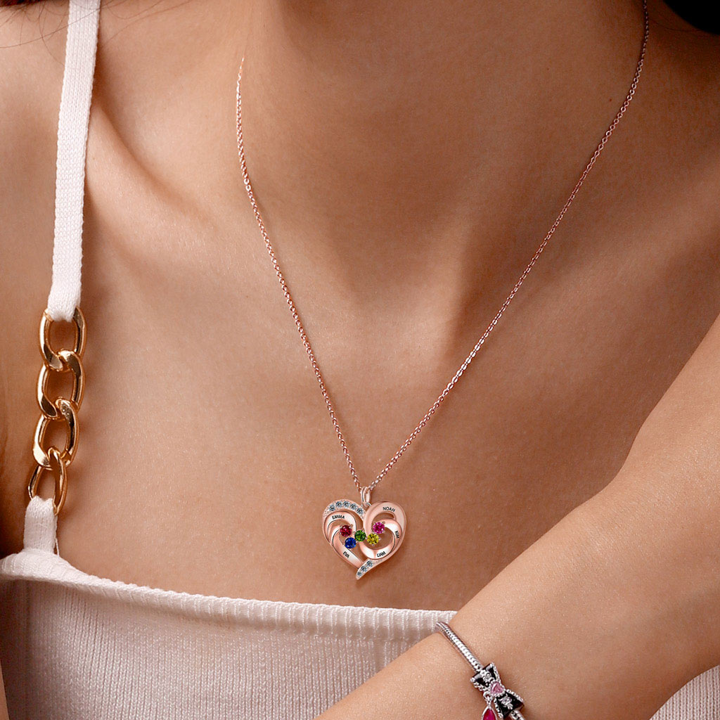 Diamonds Heart Necklace with Birthstones image number 7