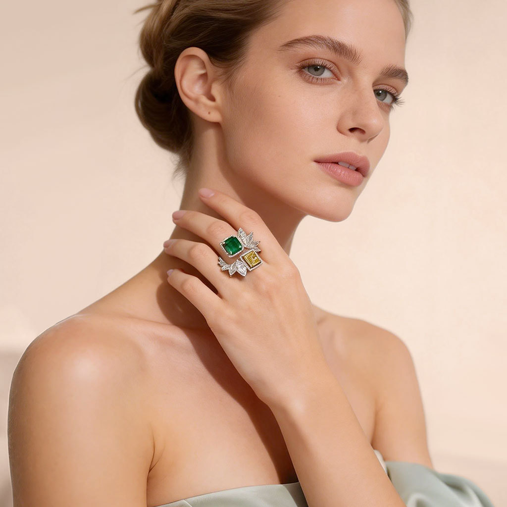 Leaf Cluster  Emerald & Yellow Ring image number 2