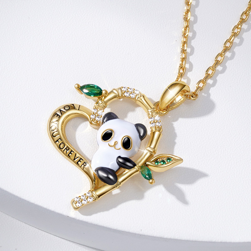 ILoveYouForever」パンダオンバンブーハート型ネックレス18K