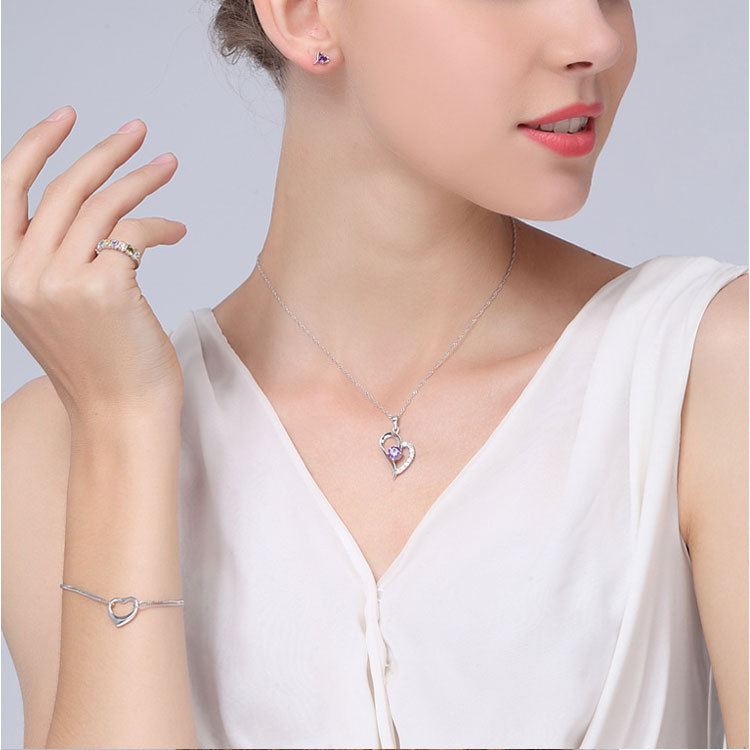 オープンハート パープル CZダイヤ ネックレス image number 4