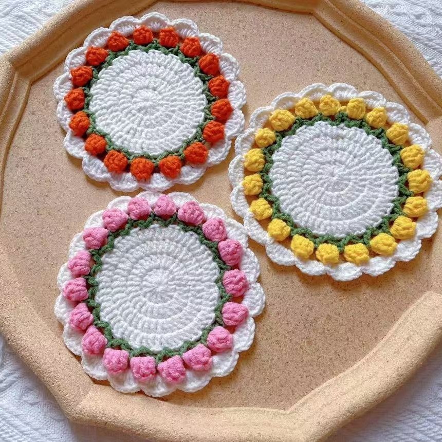 Handmade Crochet Tulip Coaster Set with Transformable Floral Design Eco-Friendly Home Decor Gifts For Couple - CustWitAU