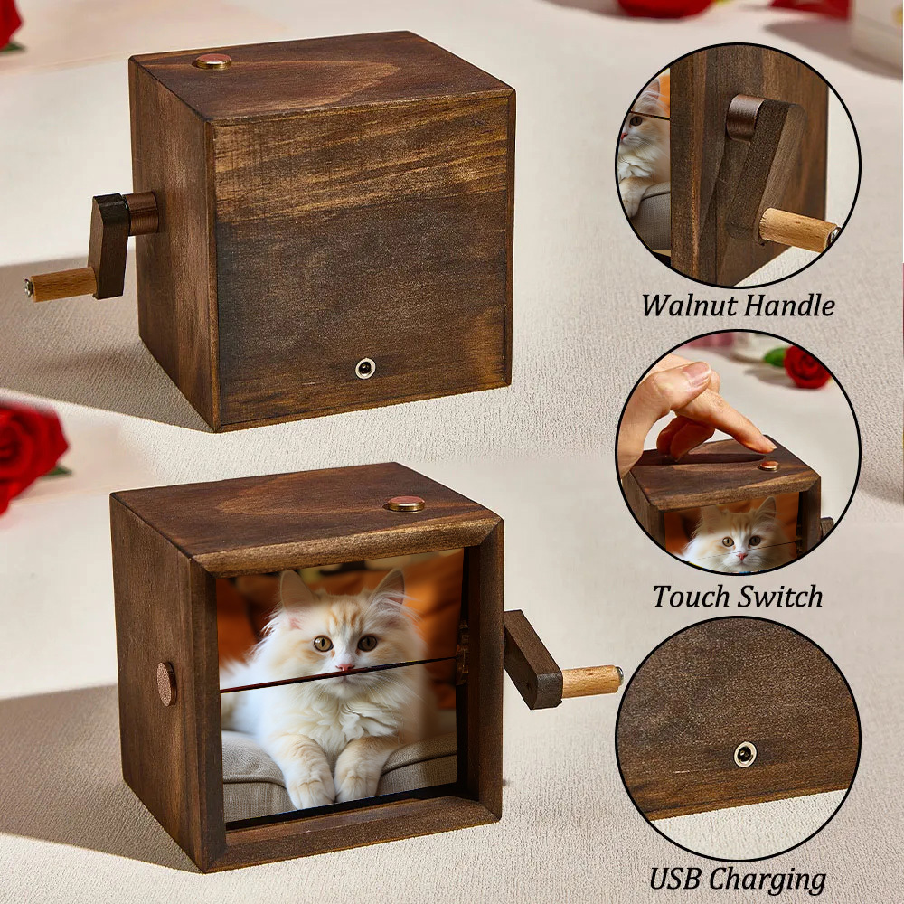 Custom Flip Book Cat Frame Animation Machine Mechanical Hand-cranked Photo Album with Light Black Walnut Baby Photo Cube Frame Creative Gift - CustWitAU