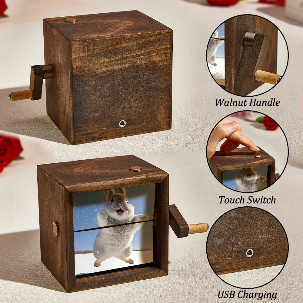 Custom Flip Book Rabbit Frame Animation Machine Mechanical Hand-cranked Photo Album with Light Black Walnut Baby Photo Cube Frame Creative Gift - CustWitAU