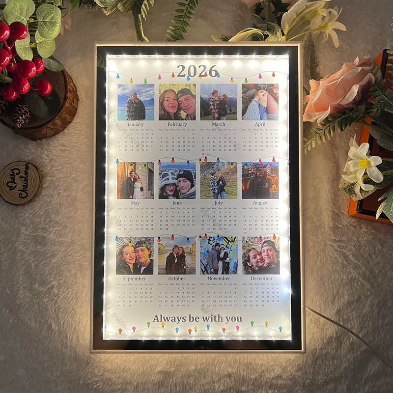 Custom 2026 Photo Calendar Mirror Light, Unique Anniversary, Christmas & Couples Gift