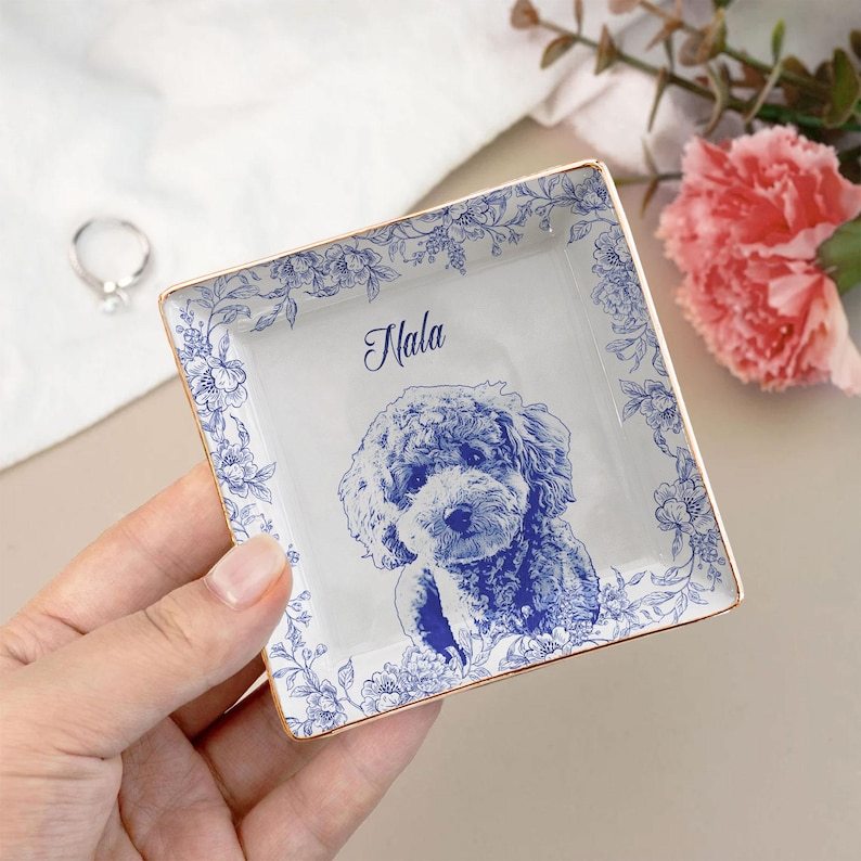 Custom Pet Portrait Jewelry Dish – Toile De Jouy Ceramic Trinket Dish, Personalized Gift for Pet Lovers